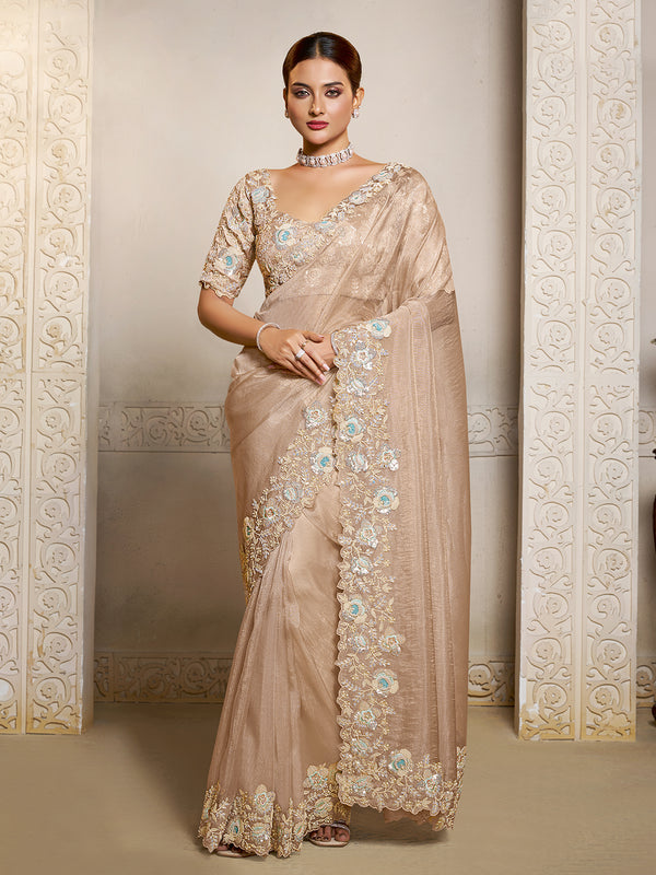 Dusty Peach Organza Crush Satin Saree with Dual Sequence Embroidery & Tissue Silk Blouse – Elegant Designer Party Wear Saree
