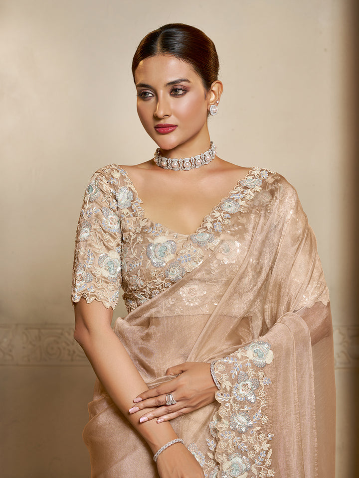 Dusty Peach Organza Crush Satin Saree with Dual Sequence Embroidery & Tissue Silk Blouse – Elegant Designer Party Wear Saree