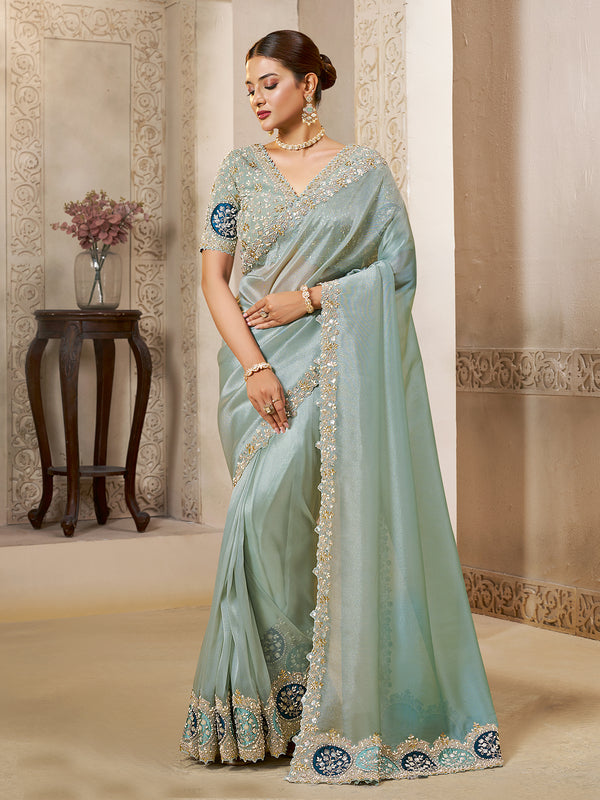 Light Grey Organza Tissue Silk Saree with Dual Sequence Embroidery & Multi-Stone Handwork | Natural Satin Silk Blouse