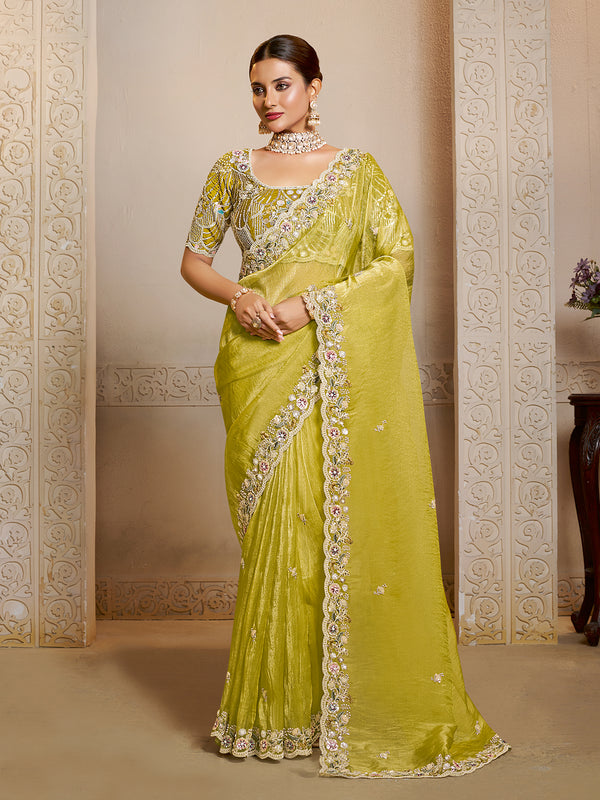 Yellow Organza Tissue Silk Saree with Multi-Thread Embroidery & Stone Work | Designer Blouse Included