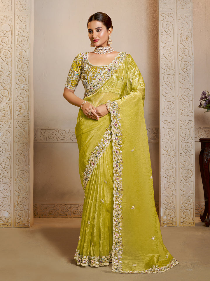 Yellow Organza Tissue Silk Saree with Multi-Thread Embroidery & Stone Work | Designer Blouse Included