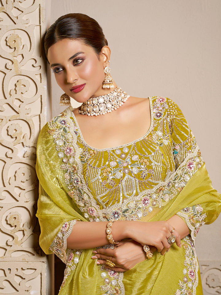 Yellow Organza Tissue Silk Saree with Multi-Thread Embroidery & Stone Work | Designer Blouse Included