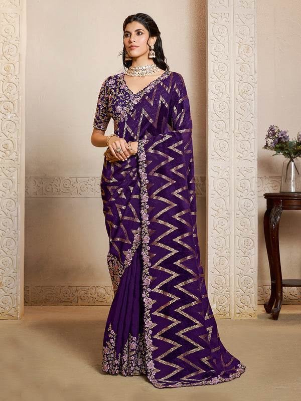 Pure Jaquard Velvet Silk Purple Saree with Multi-Thread Embroidery & Satin Silk Blouse – Luxury Handcrafted Indian Ethnic Wear