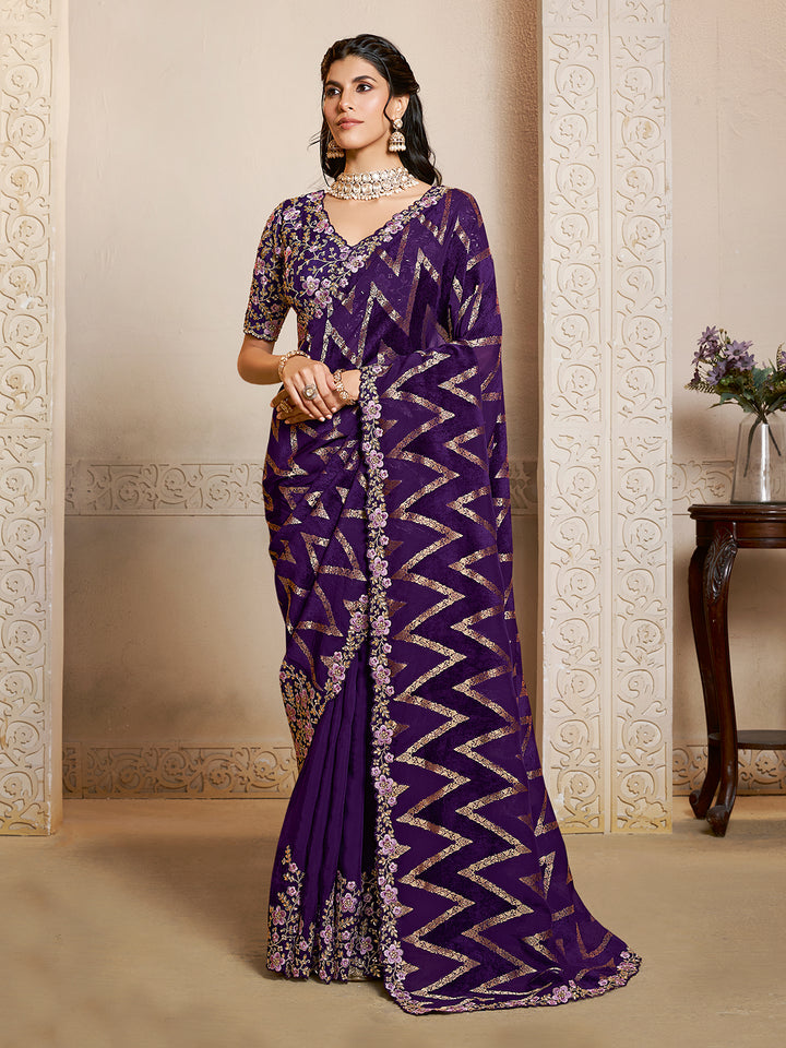 Pure Jaquard Velvet Silk Purple Saree with Multi-Thread Embroidery & Satin Silk Blouse – Luxury Handcrafted Indian Ethnic Wear