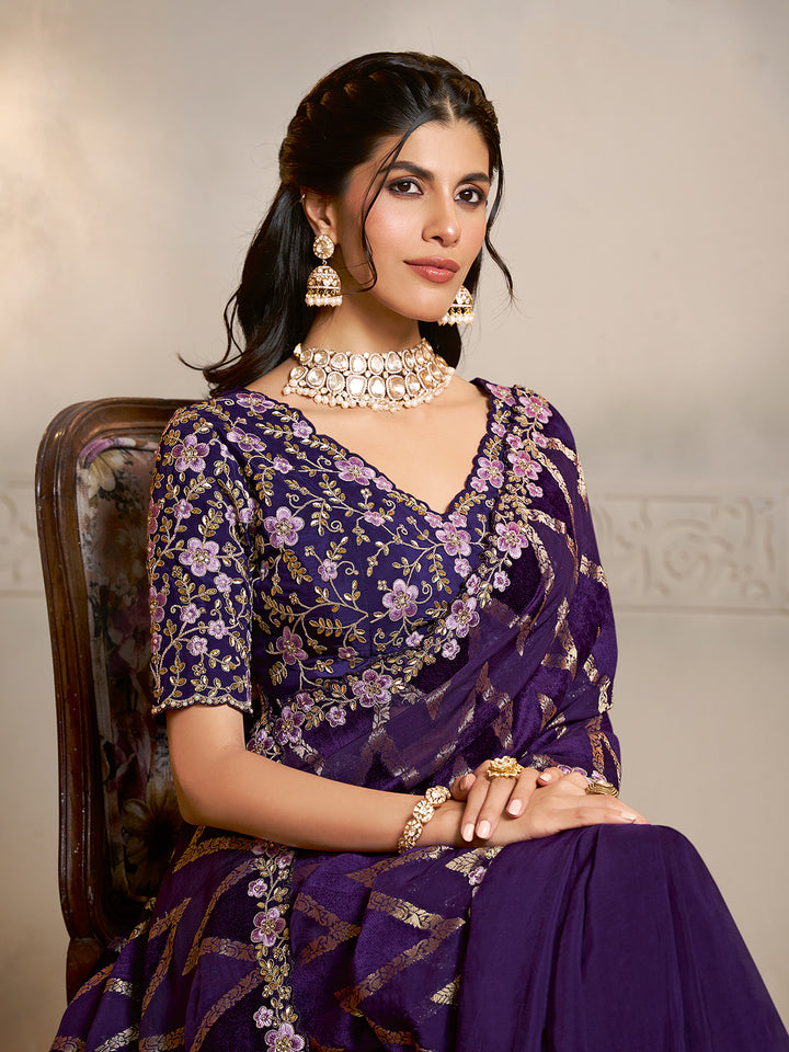 Pure Jaquard Velvet Silk Purple Saree with Multi-Thread Embroidery & Satin Silk Blouse – Luxury Handcrafted Indian Ethnic Wear