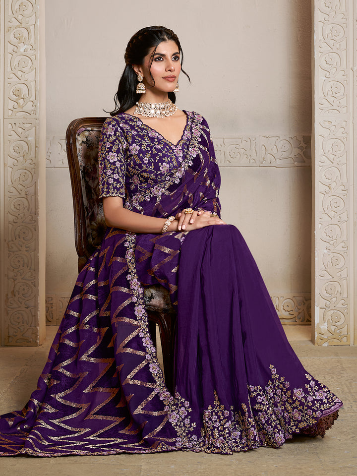 Pure Jaquard Velvet Silk Purple Saree with Multi-Thread Embroidery & Satin Silk Blouse – Luxury Handcrafted Indian Ethnic Wear