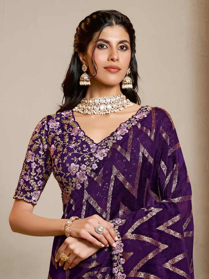 Pure Jaquard Velvet Silk Purple Saree with Multi-Thread Embroidery & Satin Silk Blouse – Luxury Handcrafted Indian Ethnic Wear