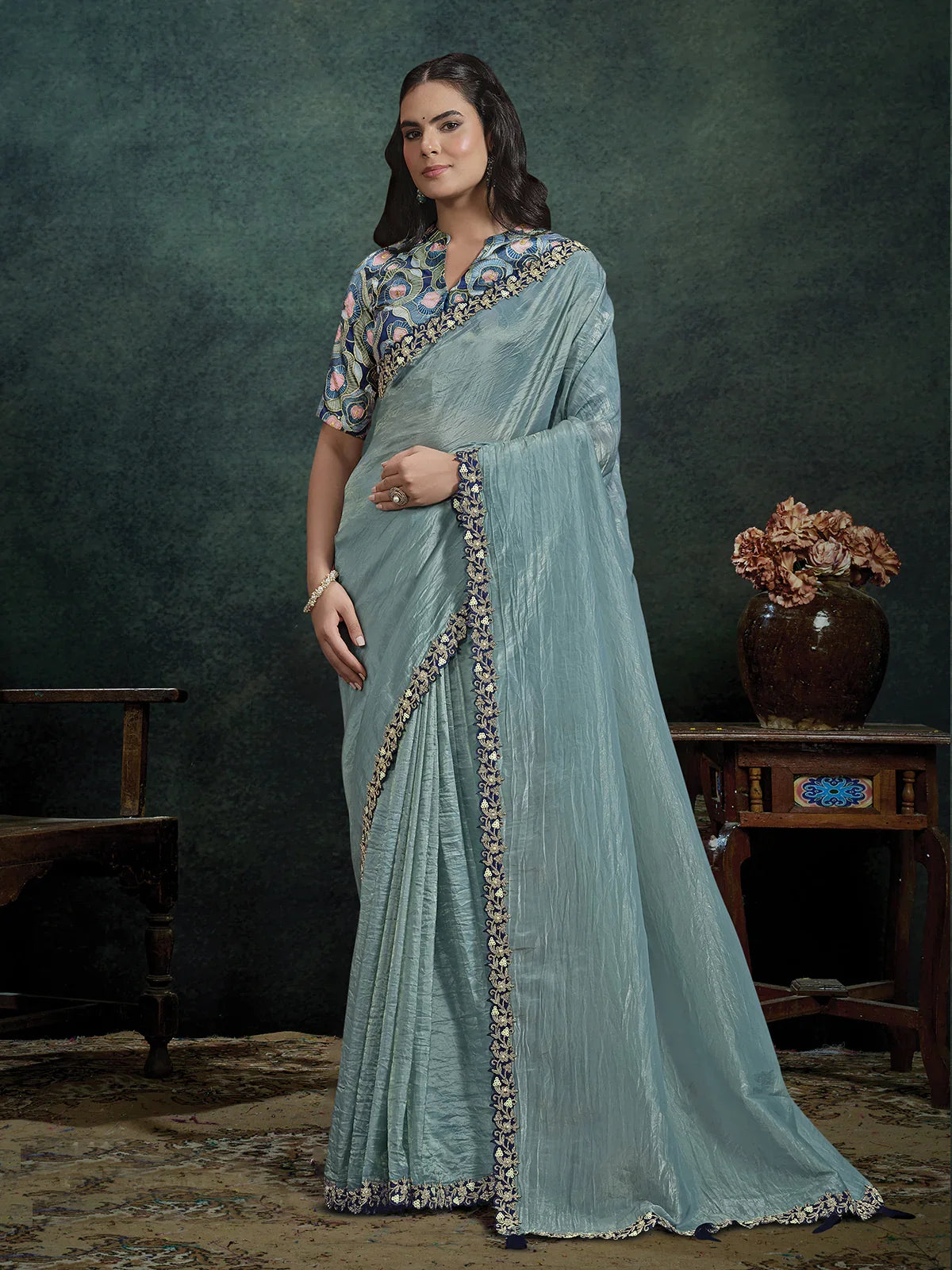 Sky Blue Paper Silk Pleated Saree with Colorful Weave Rangkat Blouse ...