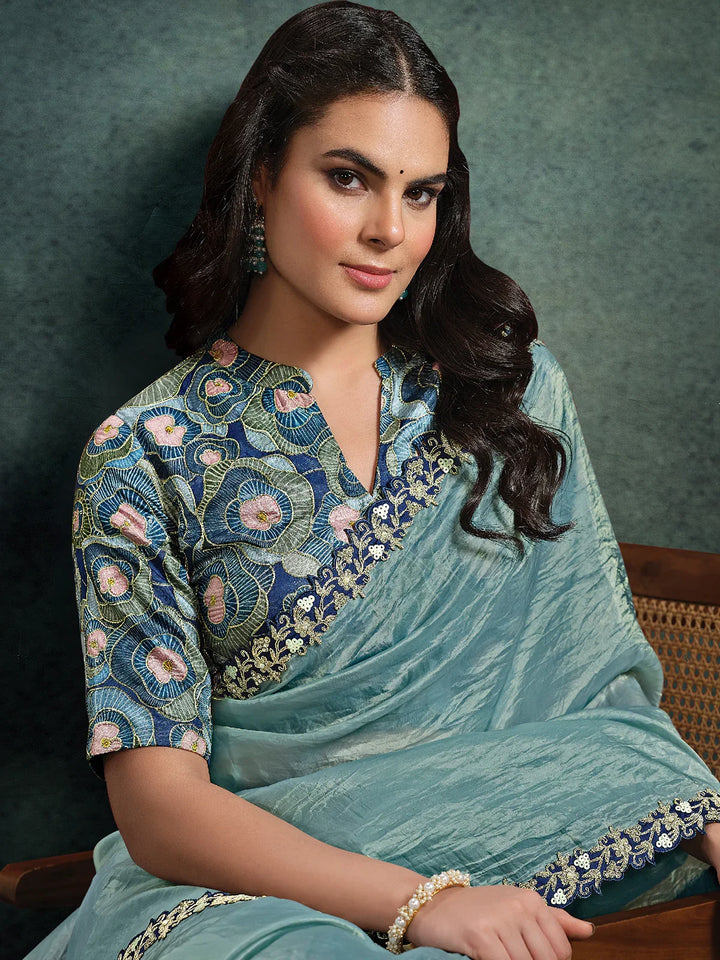 Sky Blue Paper Silk Pleated Saree with Colorful Weave Rangkat Blouse ...