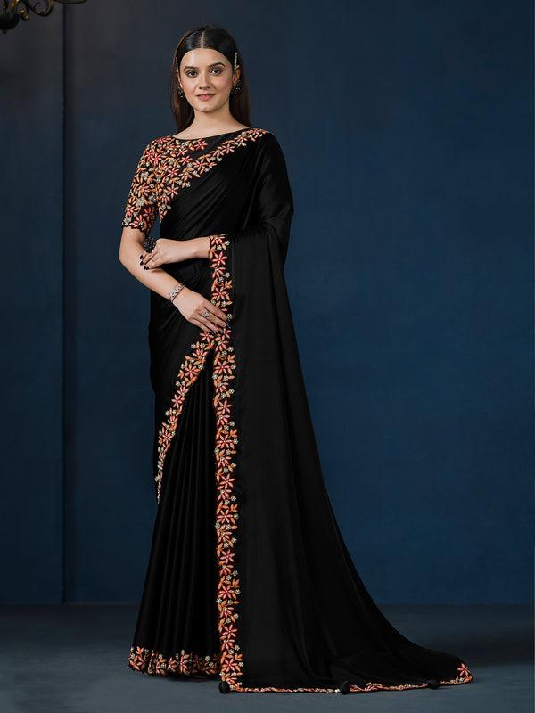 Black Crepe Satin Silk Saree with Thread and Hand Work – Elegant Party Wear Silk Saree with Matching Black Blouse

