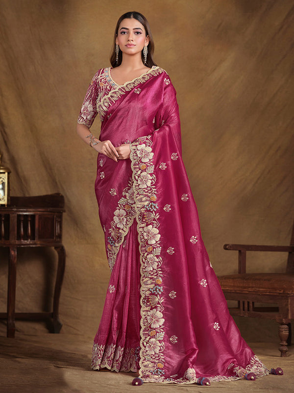 Magenta Crush Silk Saree with Sequins, Moti, Stone, and Handwork For Festival Wear