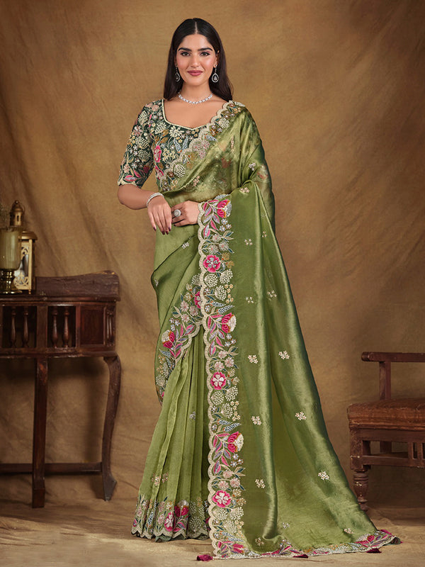 Olive Green Tissue Silk Saree with Sequins, Moti Work For Festival Wear