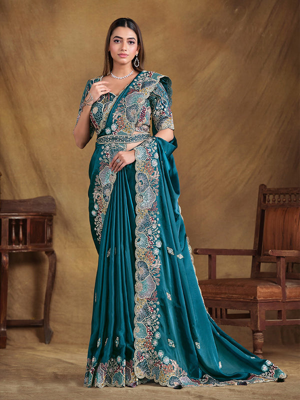 Turquoise Blue Satin Silk Saree with Sequins, Moti Work For Festival Wear