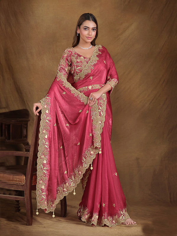 Pink Satin Silk Saree with Sequins, Moti Work For Festival Wear