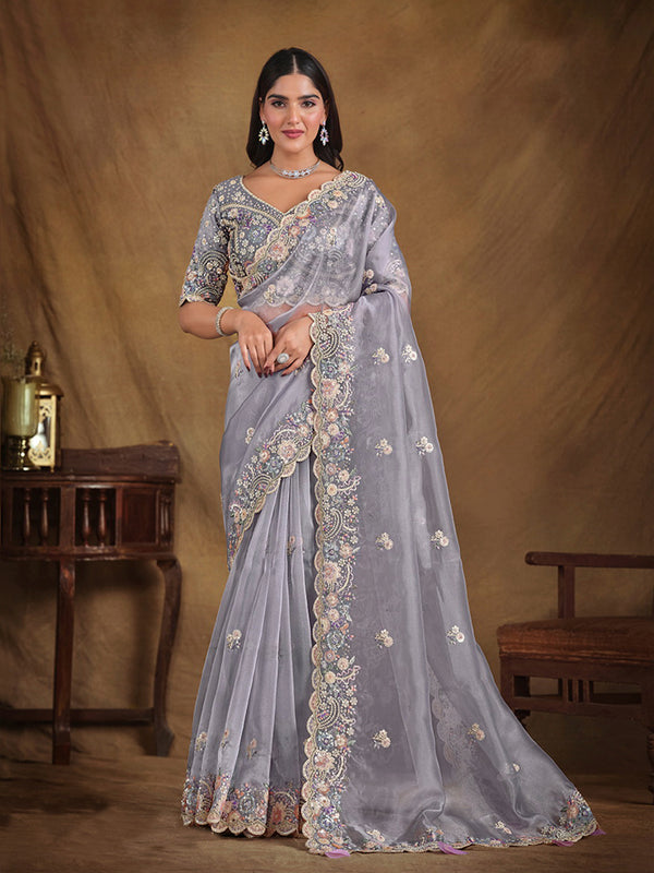 Grey Organza Silk Saree with Sequins, Moti, and Stone Work For Festival Wear