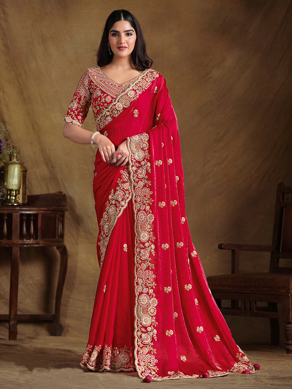 Red Satin Silk Saree with Sequins, Moti Work For Festival Wear