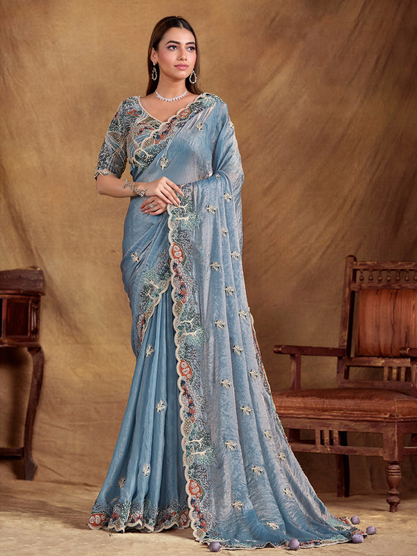 Ice Blue Satin Silk Saree with Thread, Stone, Moti With Hand Work For Festival Wear