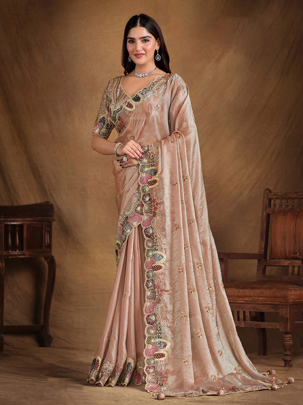 Beige Satin Silk Saree with Thread, Stone, Moti With Hand Work For Festival Wear