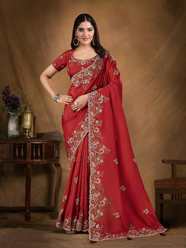 Red Silk Saree with Embroidered With Stone Work For Festival Wear