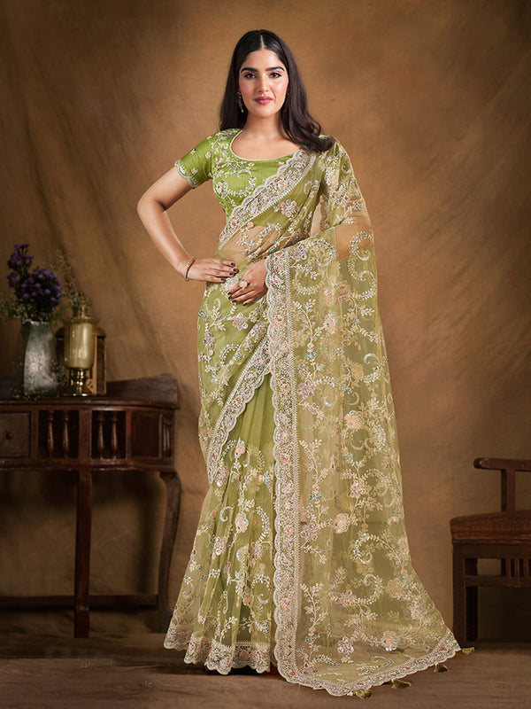 Green Net Saree with Sequence And Embroidered Work For Festival Wear