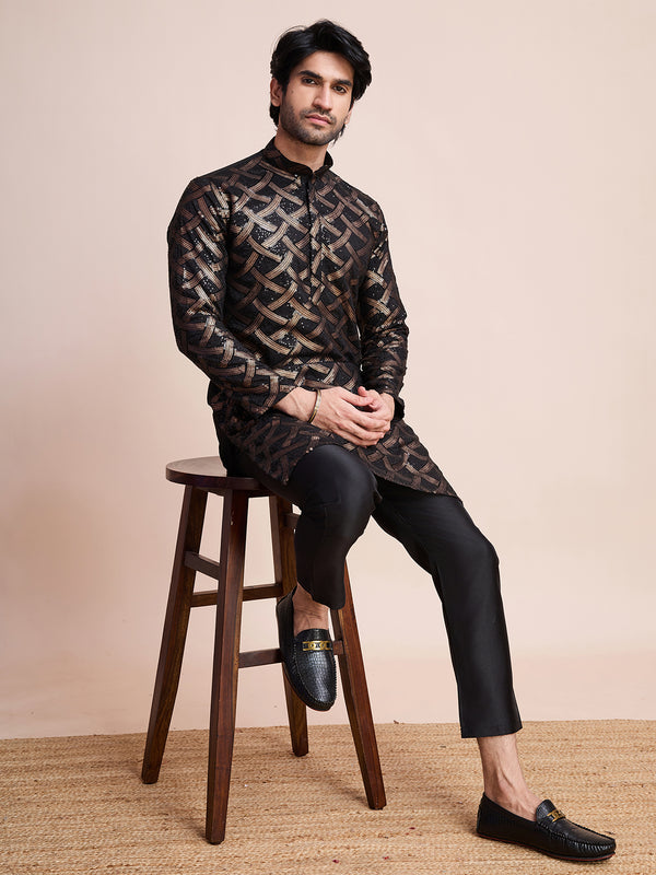 Men's Black Embroidery Work Silk Festival Kurta