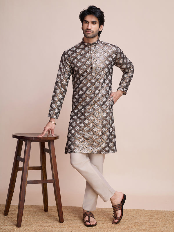 Beige  Festival Men's Embroidery Work Silk Kurta