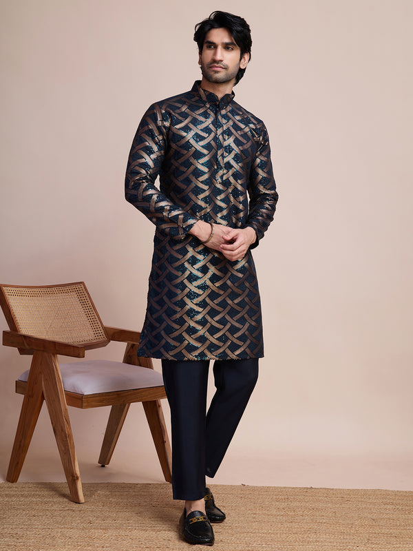 Navy Festival Men's Embroidery Work Silk Kurta