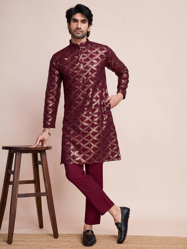 Maroon Festival Men's Embroidery Work Silk Kurta