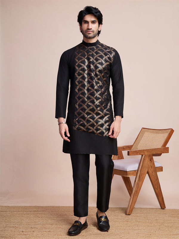 Black Men's Embroidery Work Silk Sangeet Kurta Set