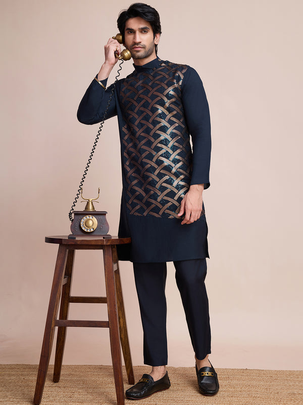 Men's Navy Embroidery Work Silk Sangeet Kurta Set