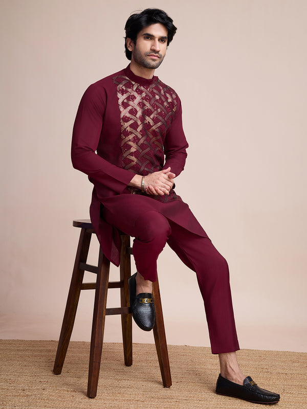 Embroidery Work Silk Men's Sangeet Kurta Set In Maroon