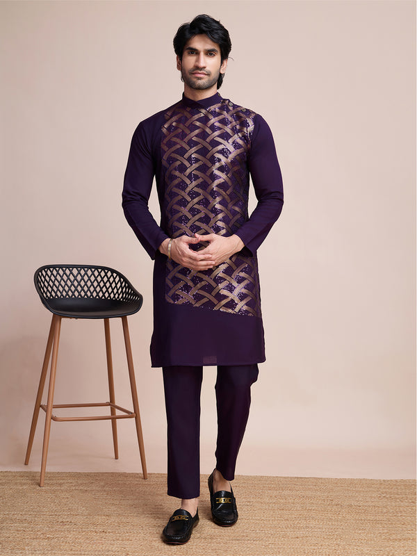 Purple Embroidery Work Silk Men's Sangeet Kurta Set