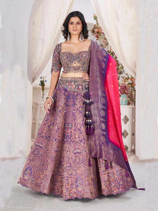 Lavender Jacquard Bridal Weeding Lehenga with Embroidery