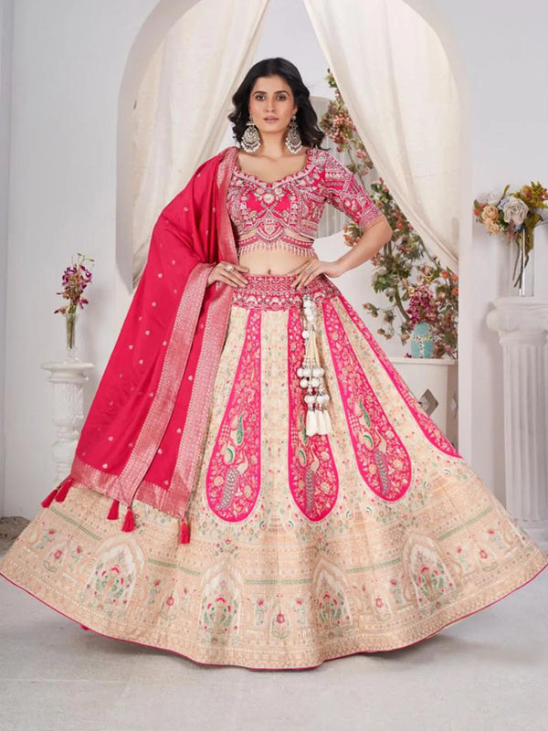 Jacquard Pink-Ivory Bridal Weeding Lehenga Choli Set