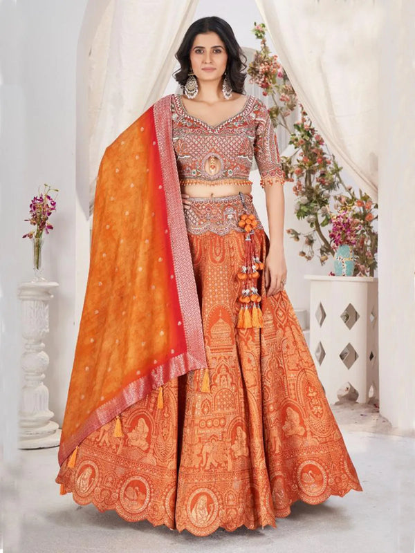 Embroidery Designer Jacquard Weeding Lehenga In Orange