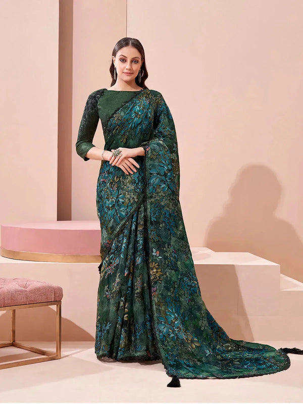 Dark Green Brasso Designer Saree with Embordered Work For Festive Wear