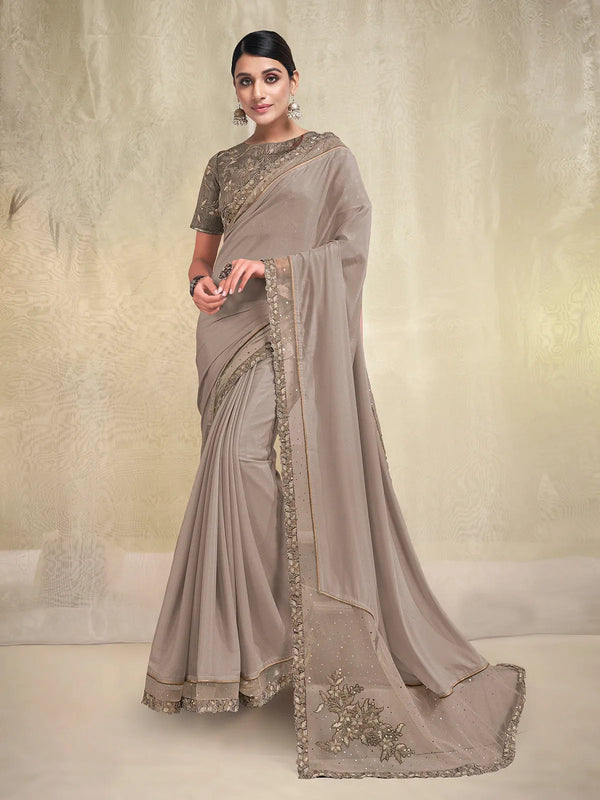 Beige Silk Georgette Saree with Raw Silk Embroidery Heavy Border Work Blouse