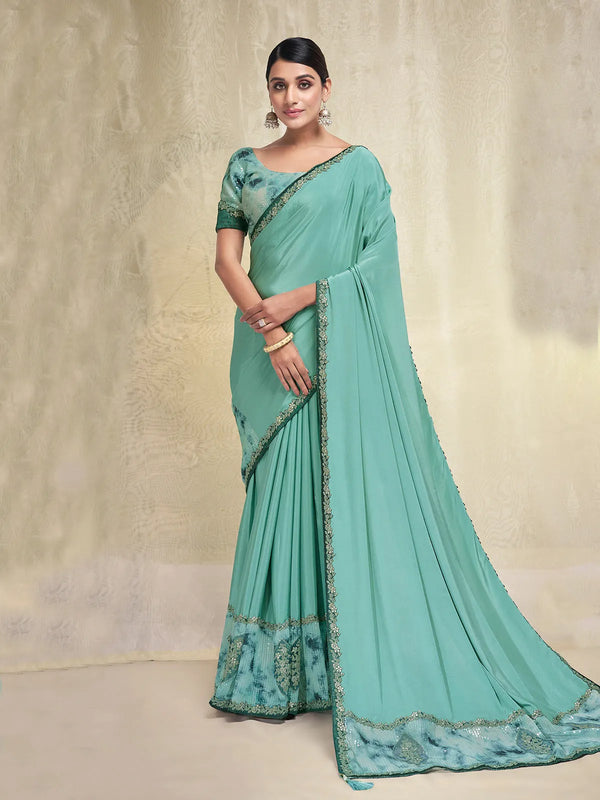 Aqua Blue Crepe Saree with Contemporary Digital Print and Zari Work for Party and Festive