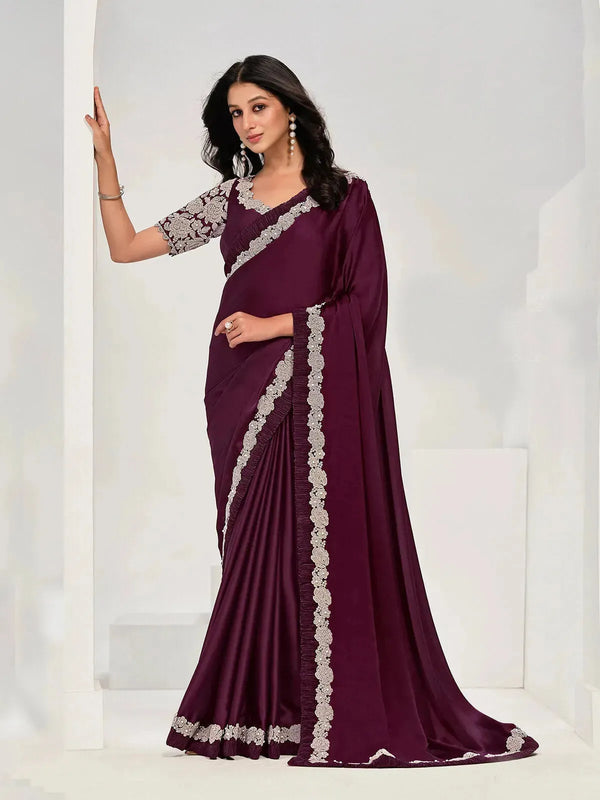 Burgundy Crape Satin Silk Designer Saree for Any Occasion