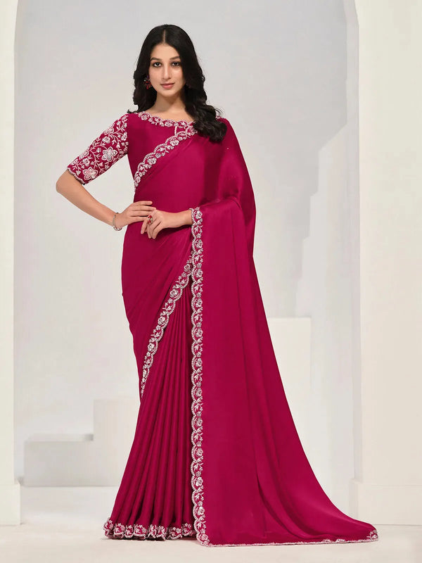 Dark Pink Crape Satin Silk Designer Saree for Any Occasion