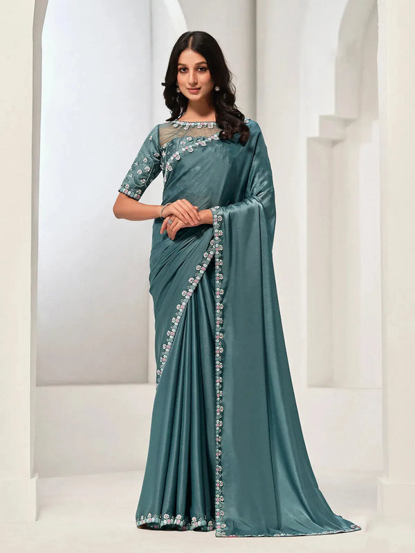 Teal Crape Satin Silk Designer Saree With Sequence handwork for Any Occasion