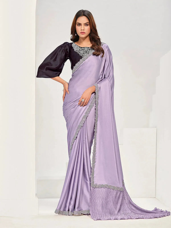 Lavender Satin Silk Designer Saree With Jardosi handwork for Any Occasion