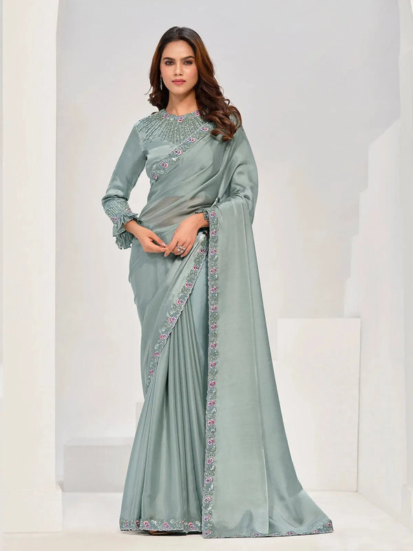 Teal Blue Satin Silk Designer Saree With Multi handwork for Any Occasion