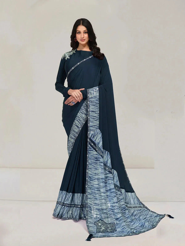 Dark Blue Crape Silk Designer Saree With Embordered work for Any Occasion