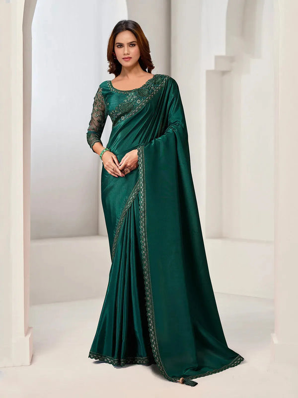 Green Crepe Silk Designer Saree With Stone & Embordered work for Any Occasion