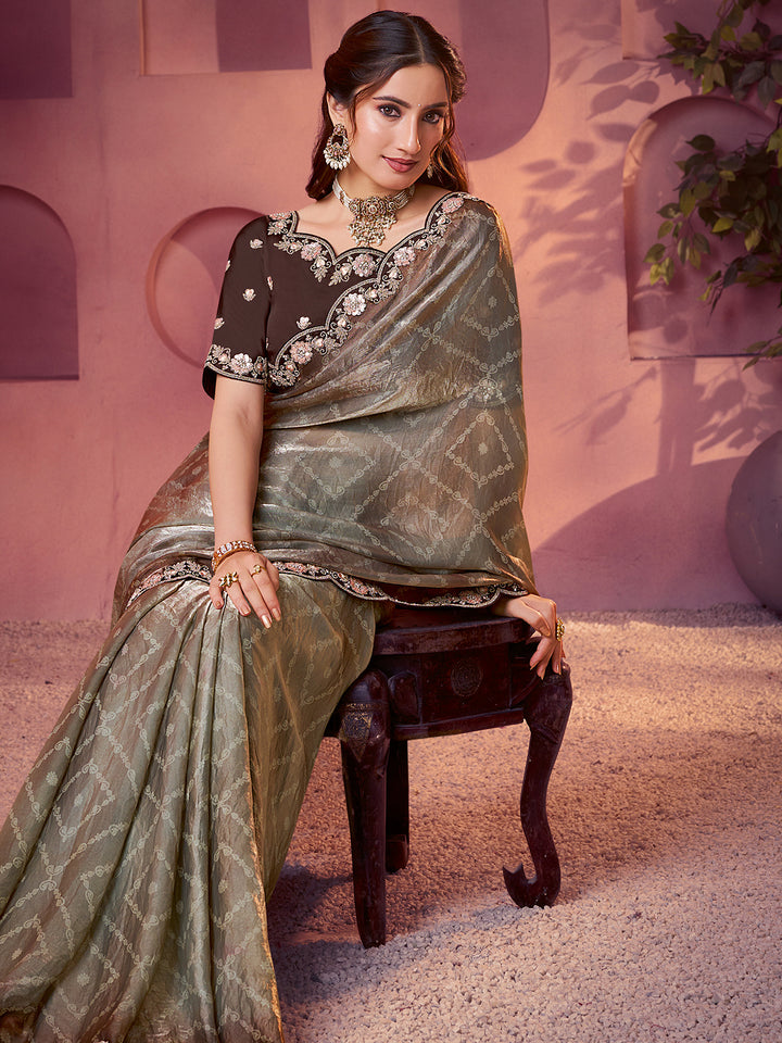 Copper Two-Tone Satin Silk Saree with Bandhani Shaded Print, Embroidery, Stone & Handwork – Satin Silk Blouse Included