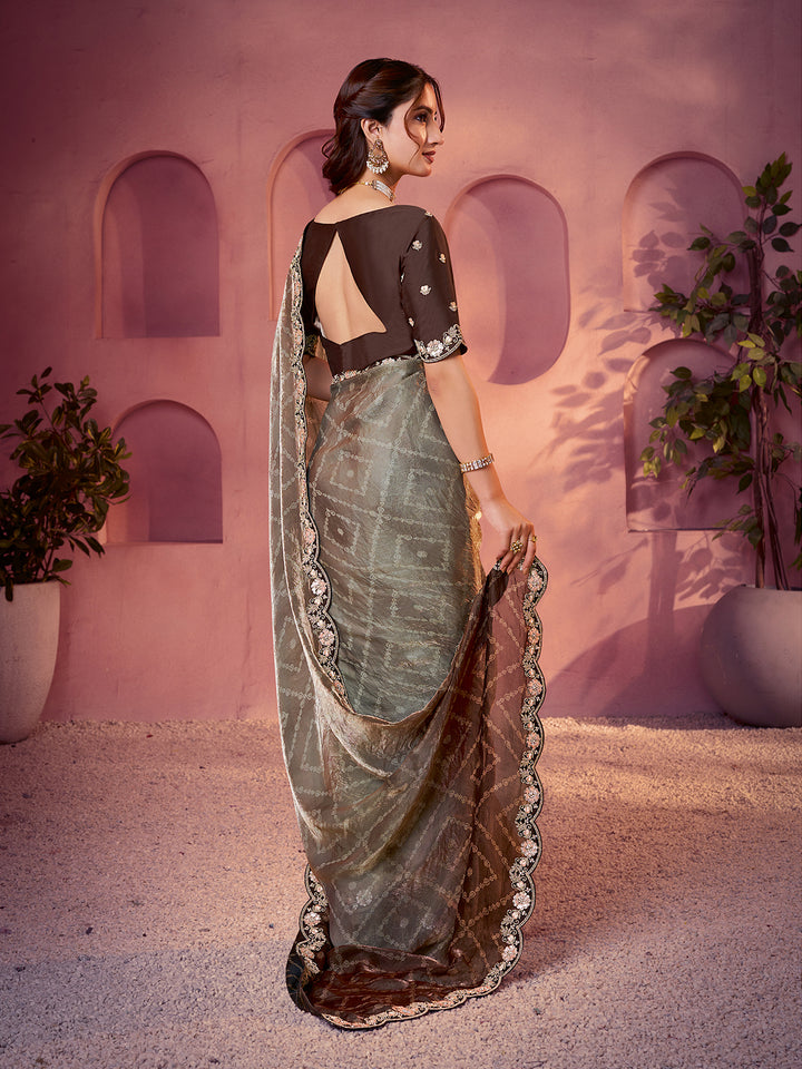 Copper Two-Tone Satin Silk Saree with Bandhani Shaded Print, Embroidery, Stone & Handwork – Satin Silk Blouse Included