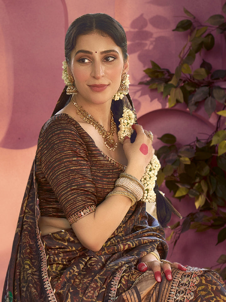 Brown Gajji Silk Saree with Gota & Minakari Work – Traditional Print with Satin Silk Blouse