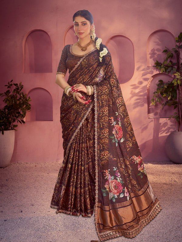 Brown Gajji Silk Saree with Gota & Minakari Work – Traditional Print with Satin Silk Blouse