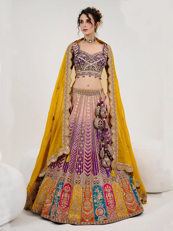 Embroidered Silk Bridal Weeding Lehenga Choli In Purple-Yellow